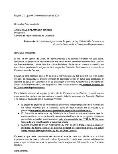 Esta fue la carta enviada por la bancada independiente al presidente de la Cámara.