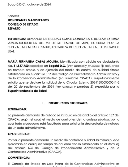 Esta es la demanda de nulidad presentada por la senadora María Fernanda Cabal.