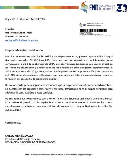 Carta de la Federación Nacional de Departamentos a la ministra de Deporte.