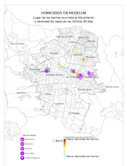 Este es el mapa de homicidios producidos en la noche del 31 de octubre en Medellín.