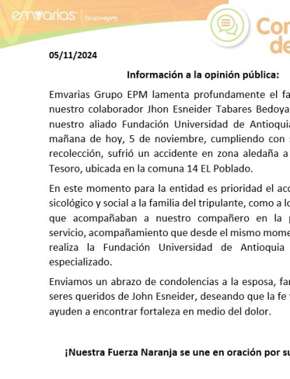 Este fue el comunicado emitido por Emvarias en la tarde del martes 5 de noviembre a raíz del fallecimiento de Jhon Esneider Tabares.