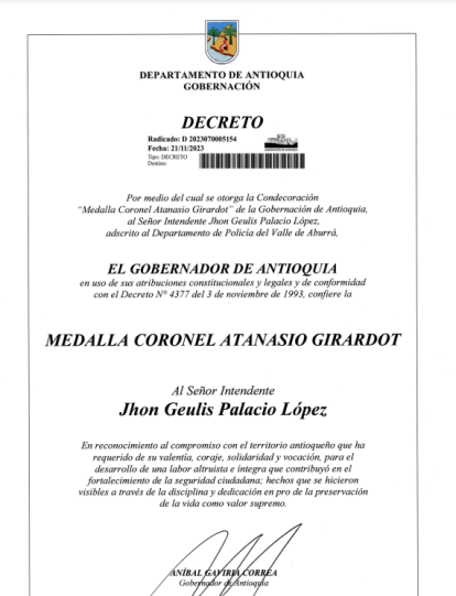 Este fue el documento que oficializó la condecoración del intendente Jhon Geulis Palacio López.