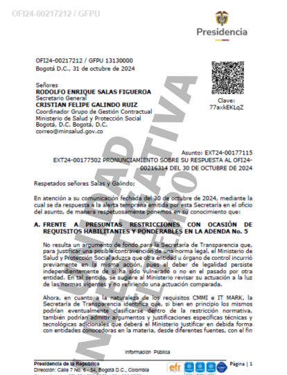 Este es el oficio de la Secretaría de Transparencia dirigido al Ministerio de Salud y Protección Social
