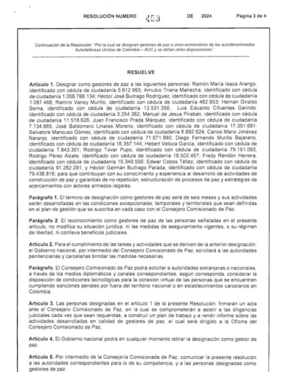 Esta es la resolución del Gobierno en donde designan a los 18 exjefes paramilitares como gestores de paz.