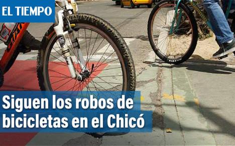 No paran los robos de bicicletas...  Un médico es la nueva víctima de la delincuencia... El Galeno recibió varios golpes y fue amenazado con un arma de fuego en medio del hurto de su vehículo en hechos ocurridos en el barrio el Chicó... Un reciente informe de la Corporación Excelencia en la justicia reveló que al menos 56 de cada cien casos de hurto de bicicletas sucedieron en Bogotá, en las horas comprendidas entre las 4:00 de la madrugada y las 7 de la mañana