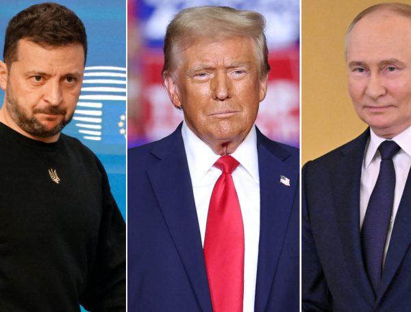 El presidente de Ucrania, Volodimir Zelenski; el virtual presidente de Estados Unidos, Donald Trump; y el mandatario ruso, Vladimir Putin.