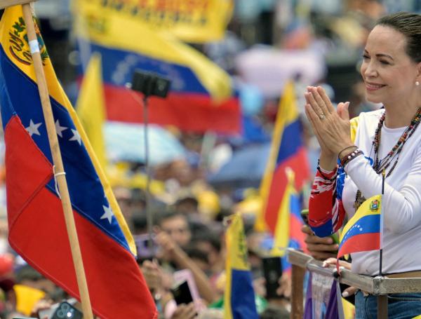 María Corina Machado en un mitin durante la campaña presidencial de Edmundo González, el 6 de julio, en Barinas (Venezuela).