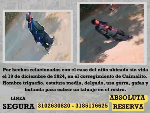 Cartel de 'se busca' de quien sería el principal sospechoso de la muerte de Diego Valencia, menor asesinado en Pereira.