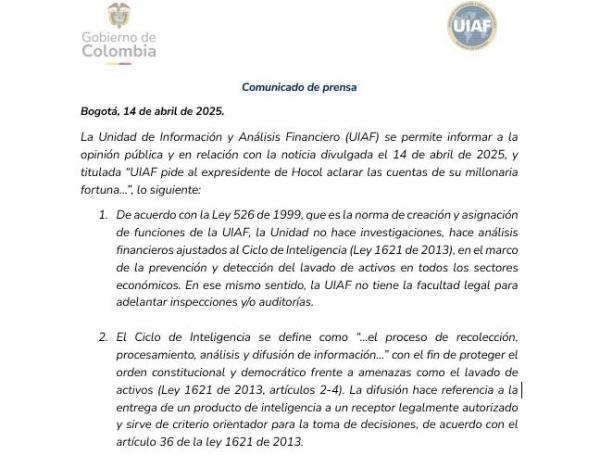 El comunicado que emitió la UIAF.