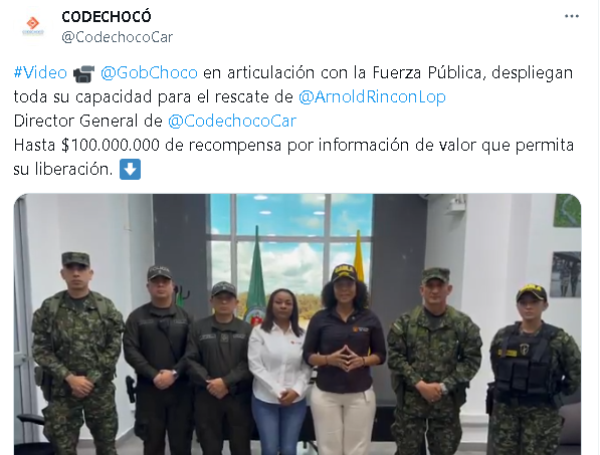 La gobernadora de Chocó, Nubia Carolina Córdoba, anunció millonaria recompensa tras el secuestro de Árnold Rincón.