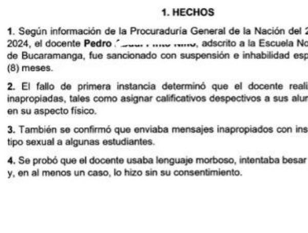 Comunicado de la Procuraduría por docente en Bucaramanga