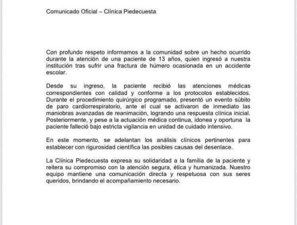 Comunicado de la Clínica Piedecuesta sobre menor fallecida.