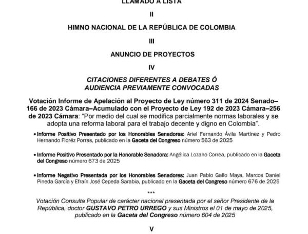 Este es el orden del día de la plenaria en donde se votará la consulta popular.