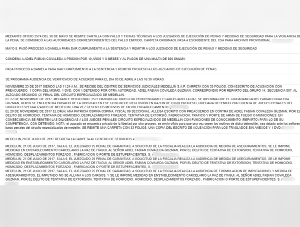 Registros judiciales de alias Adiel.