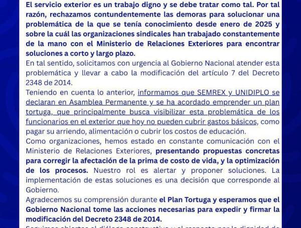 Comunicado sindicatos de la Cancillería.