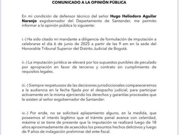 Carta de abogado de Hugo Aguilar sobre imputación de cargos