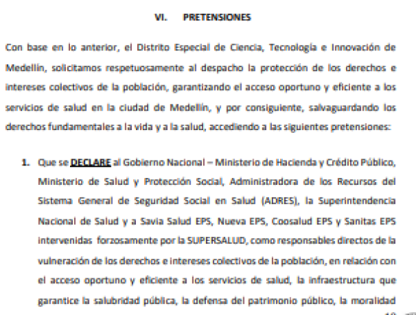Fragmento de las pretensiones de la Alcaldía de Medellín con la acción popular.