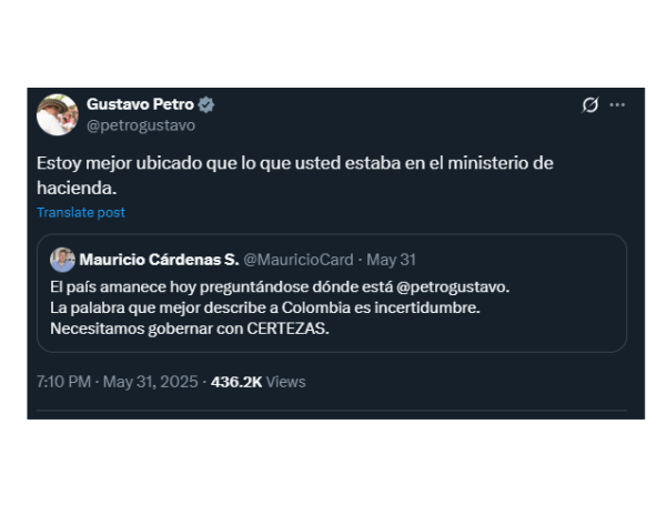Gustavo Petro responde a Mauricio Cárdenas en X.