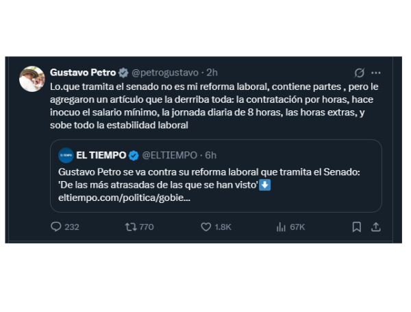 Trino de Gustavo Petro sobre la reforma laboral.
