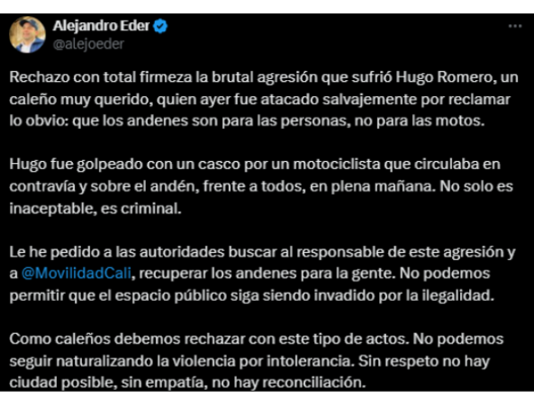 Comunicado Alejandro Éder, alcalde de Cali.