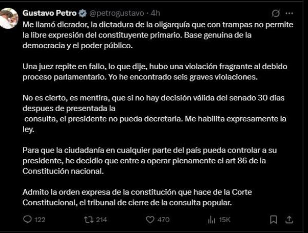 Declaraciones del Presidente Petro en X.