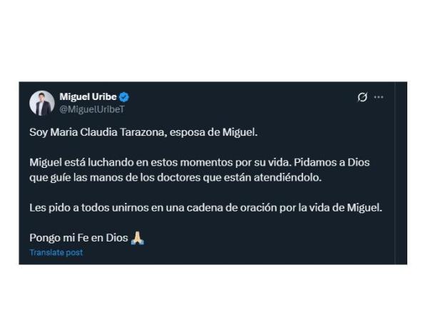Trino de la esposa de Miguel Uribe tras el atentado al senador.