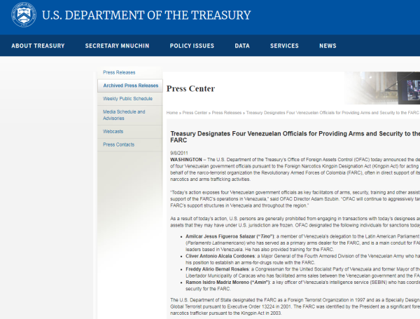 La acusación del Departamento del Tesoro contra Freddy Bernal reposa en la página web. EE. UU. lo acusó en 2011 de venta de armas a las Farc.