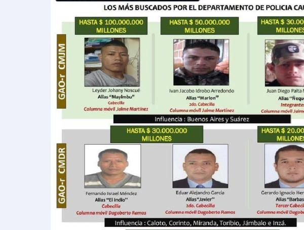 Cartel de los más buscados de Cauca