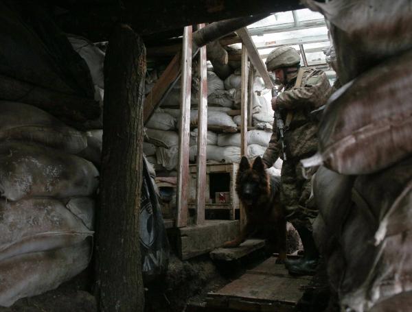 Un militar de las Fuerzas Militares de Ucrania y su perro ingresan a un refugio en primera línea.