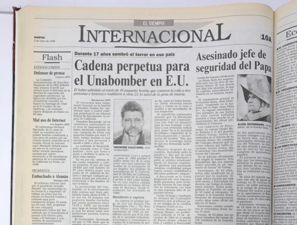 Foto de archivo de cómo EL TIEMPO registró la historia de Unabomber en los años 90.