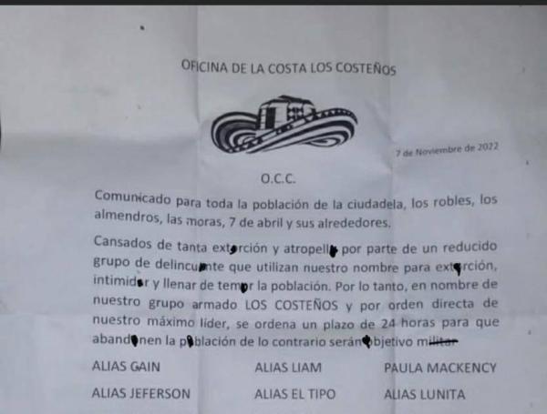Panfleto difundido en redes en 2022 donde mencionan a Paula Mackenzie. Redes sociales.