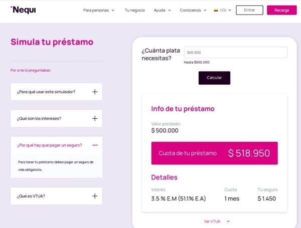 Simulador de préstamo en Nequi
