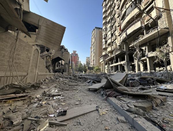 Beirut (Lebanon), 08/10/2024.- A view of the damaged Sayyed Al Shuhada complex (L) following an Israeli strike at Dahieh district in Beirut, Lebanon, 08 October 2024. According to the Lebanese Minister of Health, more than 2,000 people have been killed and more than 9,600 others have been injured in Lebanon since the beginning of the Israeli-Hezbollah conflict. (Líbano, Hizbulá/Hezbolá) EFE/EPA/WAEL HAMZEH