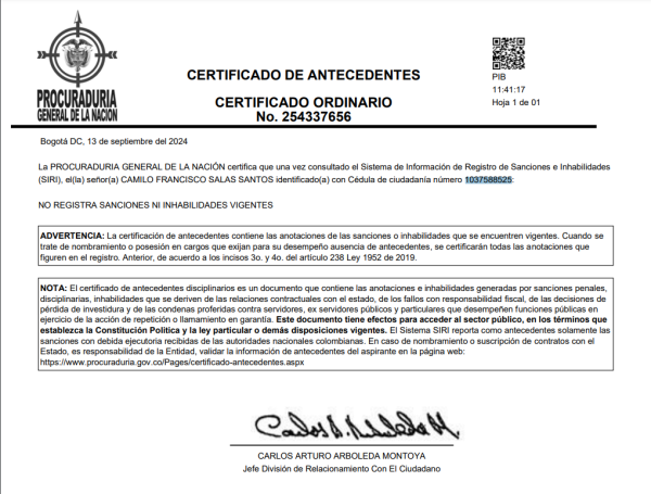 Este es el certificado de antecedentes de la Procuraduría que Camilo Salas anexó en sus documentos en el proceso de contratación con la Personería de Medellín.