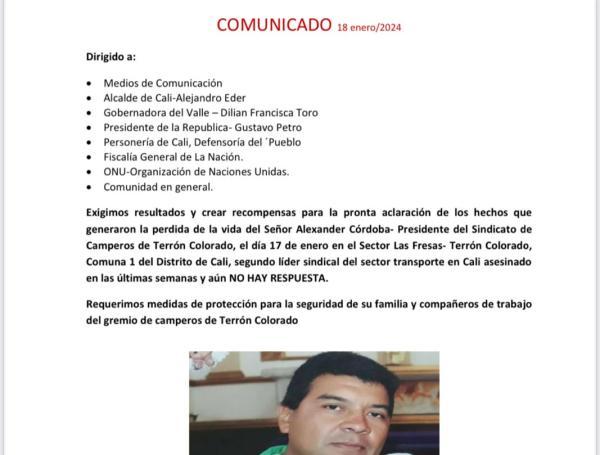 Hipótesis de líder sindical asesinado en Cali