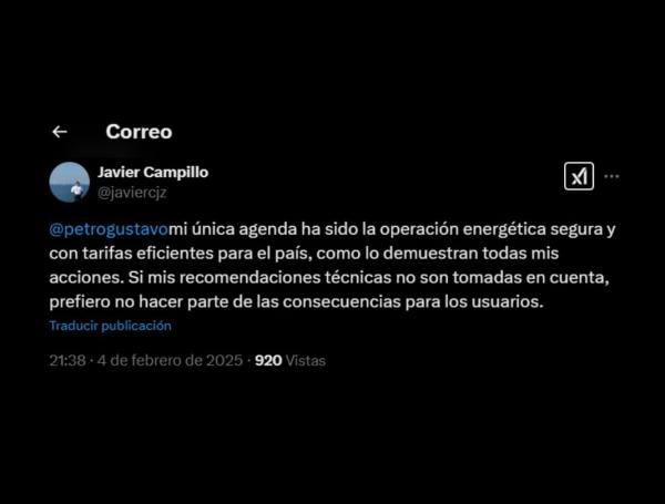 Exviceministro de Energía, Javier Campillo, tras palabras del presidente Gustavo Petro en el consejo de ministros