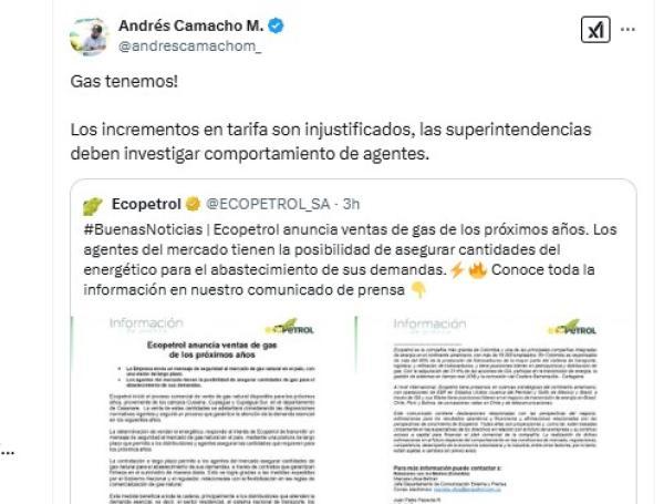 Mensaje del ministro Andrés Camacho sobre incrementos en la factura de gas.