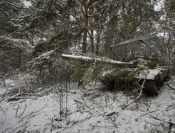 Militares de la 3.ª Brigada Separada de Tanques de las Fuerzas Terrestres de Ucrania camuflan su tanque en una de las líneas del frente en la región de Kharkiv, al este de Ucrania, el 6 de febrero de 2025