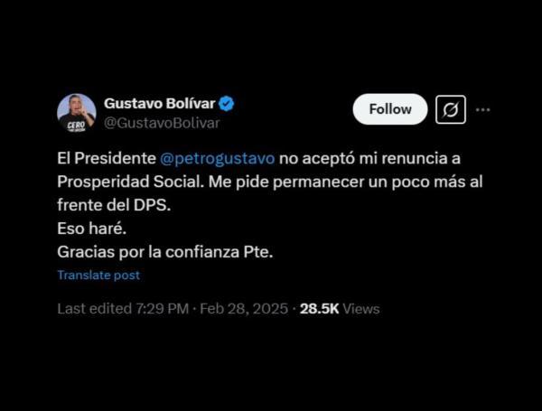 Gustavo Bolívar anuncia que el presidente Gustavo Petro no aceptó su renuncia en el DPS