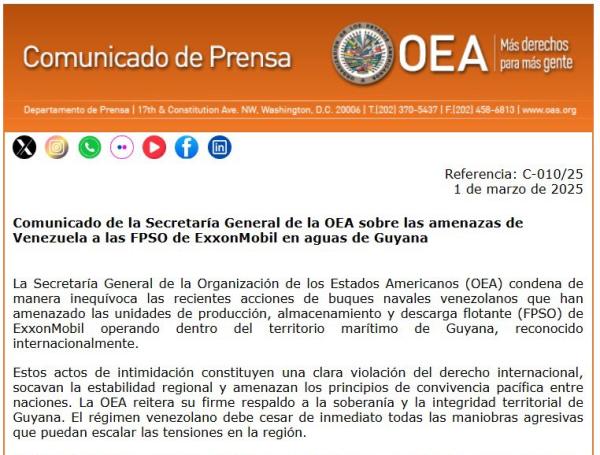 Comunicado de la Secretaría General de la OEA sobre las amenazas de Venezuela