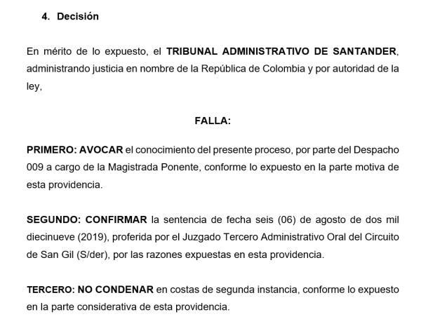 Fallo del Tribunal Administrativo de Santander-La Belleza