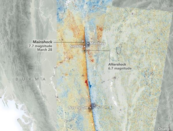 Desplazamientos de terreno norte-sur tras los terremotos de Myanmar del 28 de marzo