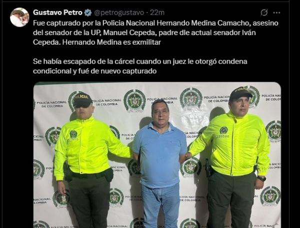 El presidente Gustavo Petro confirmó la captura de Hernando Medina, asesino del padre del senador Iván Cepeda.