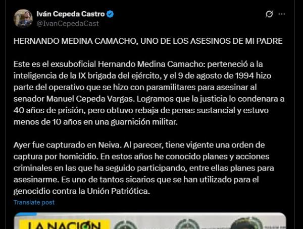 El senador Iván Cepeda celebró la captura de Medina.