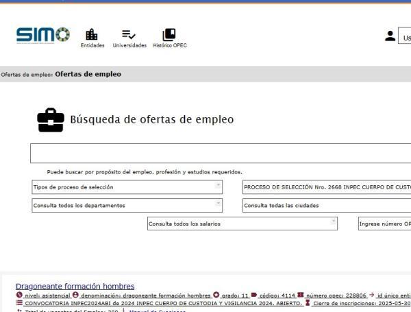 Plataforma SIMO, en la que están publicadas las vacantes para trabajar en el Inpec.