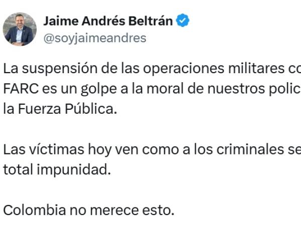 Jaime Beltrán sobre suspensión de operaciones militares