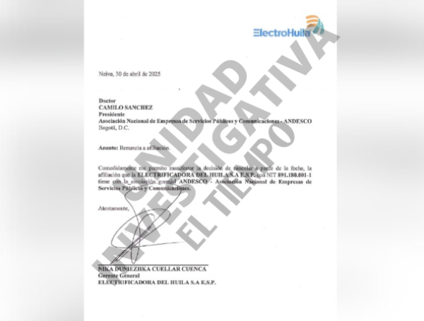 La carta de la Electrificadora del Huila al presidente de Andesco, Camilo Sánchez.
