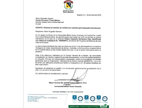 Carta de la Universidad Militar Nueva Granada a la Policía.