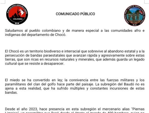Paro armado en el Chocó comunicado