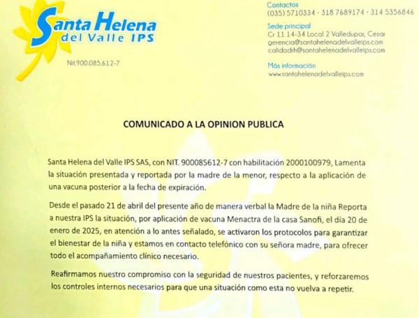 Comunicado de la IPS Santa Helena del Valle.